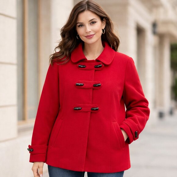 Style & Co. Jackets & Blazers - Style & Co Red Wool Blend Toggle Coat Faux Fur Hood XL